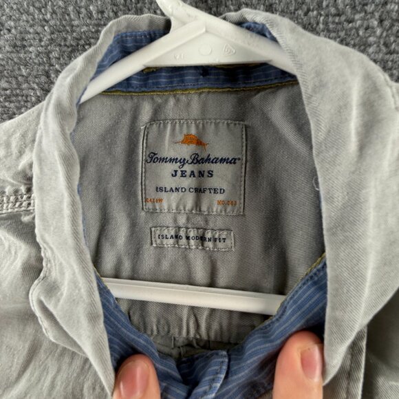 Tommy Bahama Tencel Cotton Button-Down Gray Large Beach Mens Shirt Pocket Adult - Picture 9 of 14
